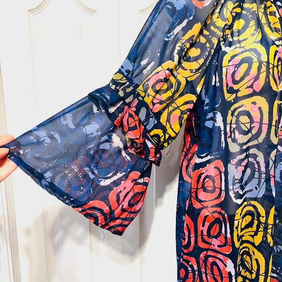 Bijelly Couture Long Maxi Dress-Large-Sheer-Ruffles-High Neck-Geometric-Colorful - Picture 5 of 15